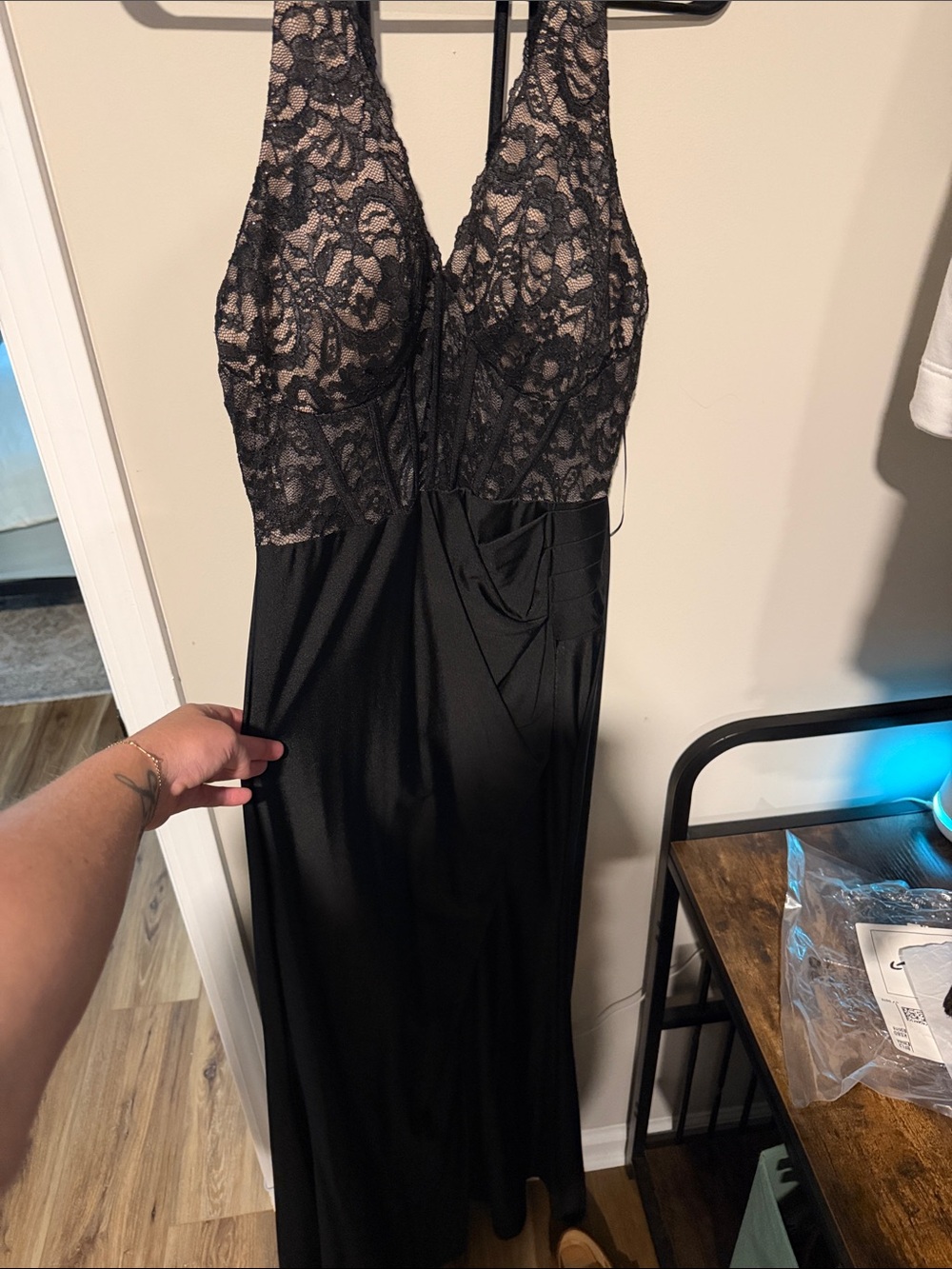Black Lace-Top V-Neck Evening Dress